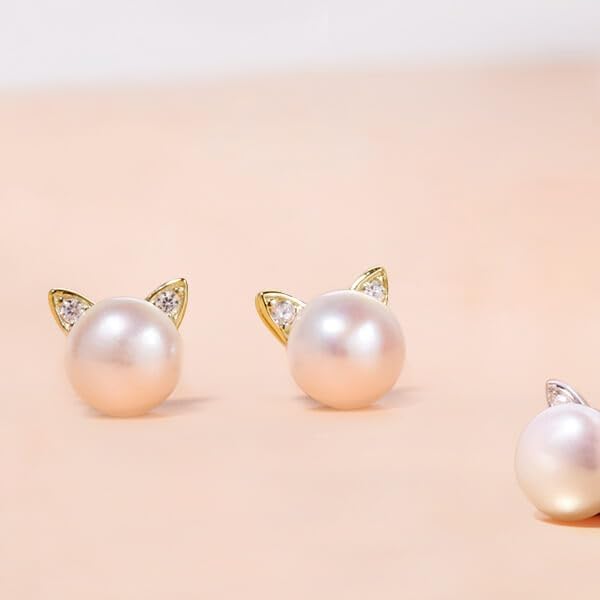 S.Leaf Cat Earrings Pearl Earrings Sterling Silver Earrings for Women Cat Memorial Gifts Cat Gifts for Cat Lovers Cat Jewelry for Women
