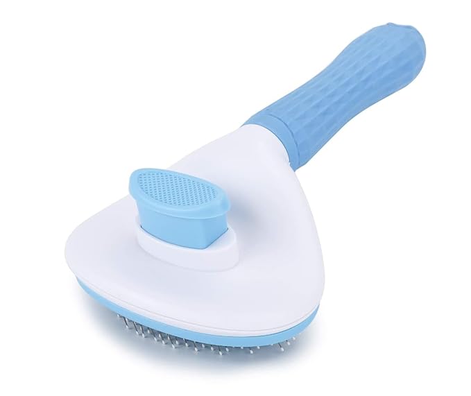 Self cleaning sliding brush, cat comb pet massage tool for all long or short pets, hair cleaner, removing tangled and loose hair, cat brush with release button (Blue)