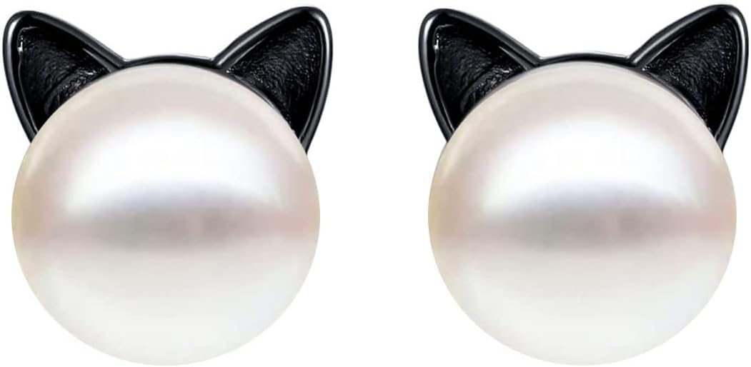 S.Leaf Cat Earrings Pearl Earrings Sterling Silver Earrings for Women Cat Memorial Gifts Cat Gifts for Cat Lovers Cat Jewelry for Women