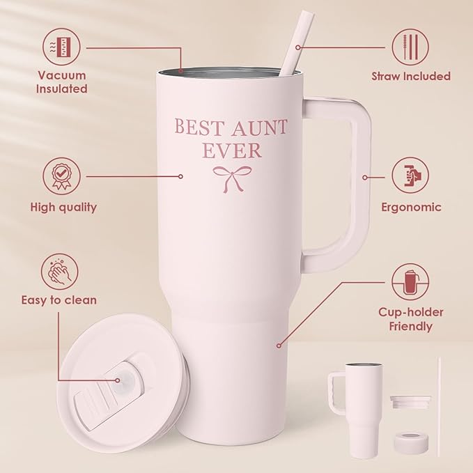 SANDJEST Gift for Aunt - Best Aunt Stainless Steel Tumbler with Handle, Travel Coffee Mug for Moms - Aunts Gifts for Birthday Christmas Mothers Day, 40oz