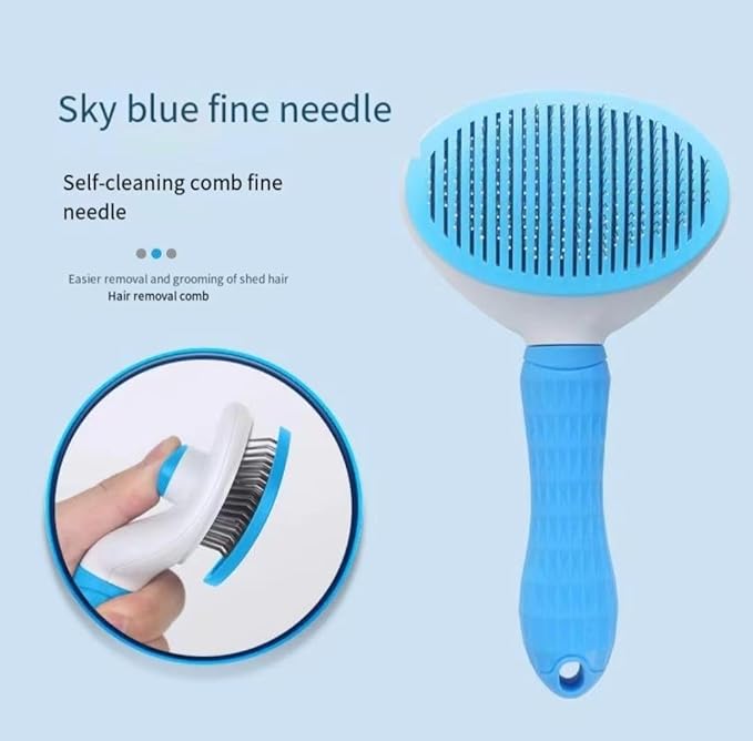 Self cleaning sliding brush, cat comb pet massage tool for all long or short pets, hair cleaner, removing tangled and loose hair, cat brush with release button (Blue)