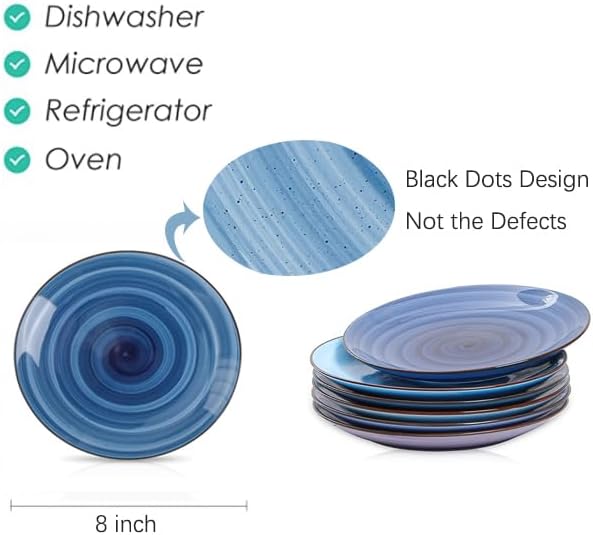 Selamica Ceramic 8 inch Dinner Plates, Small Dessert Salad Plates, Porcelain Serving Plate for Appetizer, Pancakes, Steak, Set of 6, Black Speckles, Gradient Blue