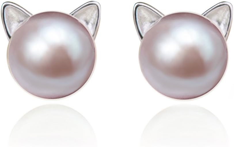 S.Leaf Cat Earrings Pearl Earrings Sterling Silver Earrings for Women Cat Memorial Gifts Cat Gifts for Cat Lovers Cat Jewelry for Women