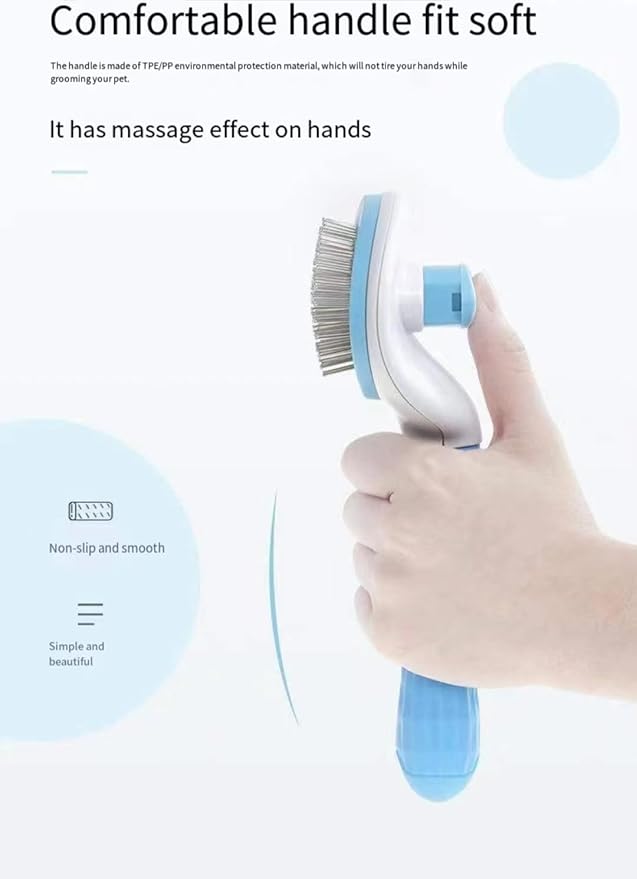 Self cleaning sliding brush, cat comb pet massage tool for all long or short pets, hair cleaner, removing tangled and loose hair, cat brush with release button (Blue)