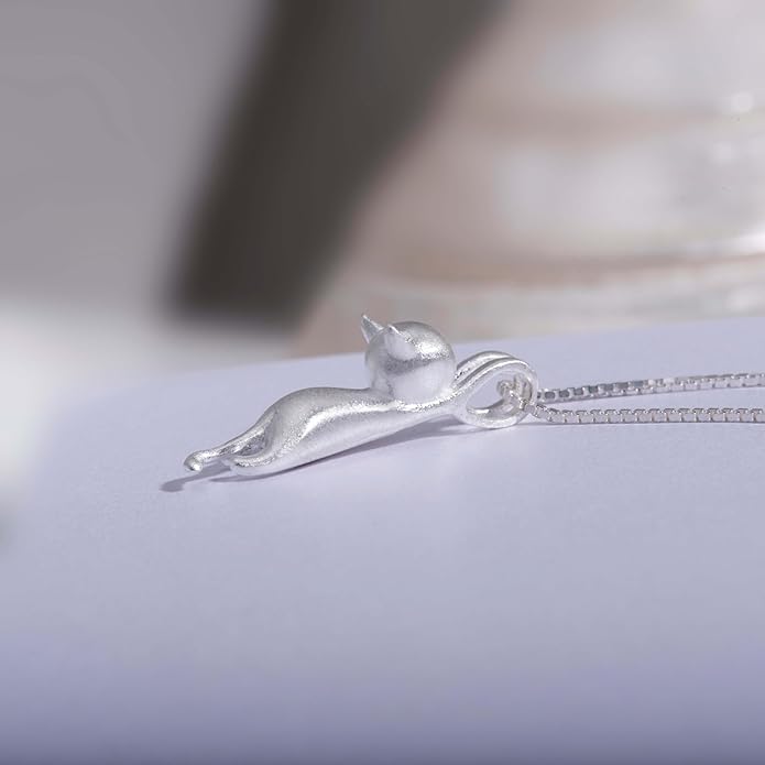 S.Leaf Sterling Silver Cat Necklace - Kitten Jewelry for Cat Lovers - Themed Gifts for Women
