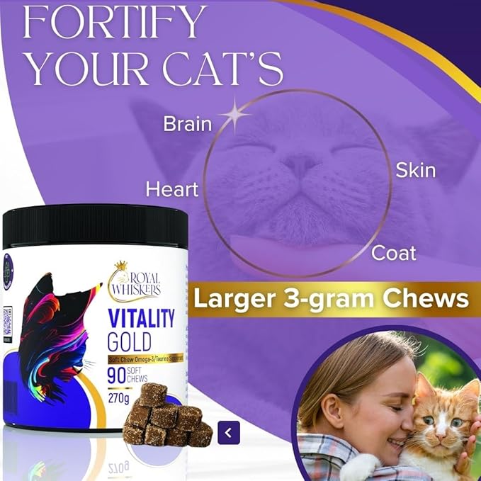 Royal Whisker Cat Vitamins - Omega-3 Rich, Taurine Enriched, CoQ10 Infused Soft Chews - Premium Vitamins for Indoor Cats - All-Natural, Vet-Formulated - USA Made for Feline Health - 90 Count (270g)