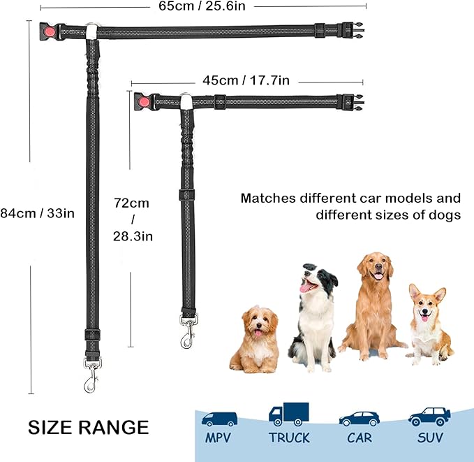 2 Packs Removable Dog Seat Belt Harness for Car, 3 in 1 Pet Dog Car Seatbelt Leash, Retractable Restraint Secures to Vehicle Headrest & Adjustable Reflective Dog Seatbelt Tether