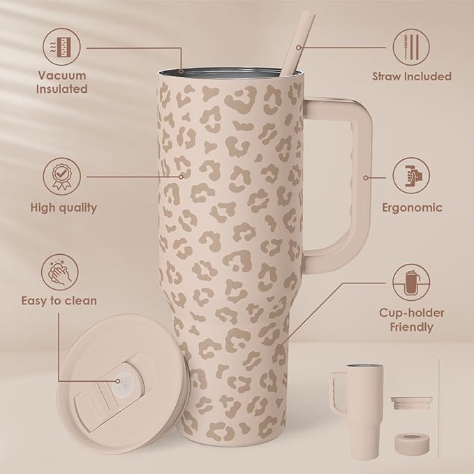 SANDJEST Leopard Tumbler with Handle, Insulated Cup Stainless Steel Travel Mug Cup, Gifts for Women Girl on Birthday Christmas, Tan Leopard, 40oz
