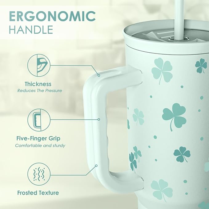 SANDJEST 40oz Shamrock Tumbler with Handle and Straw - Insulated Stainless Steel Coffee Travel Mug, Christmas St. Patrick's Day Irish Gifts