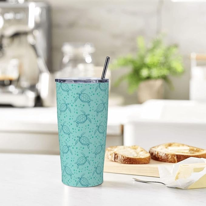 Sea Turtle Tumbler Blue Ocean Stainless Steel Insulated Tumblers with Lid Straw Reusable Turtles Coffee Travel Mug Tea Drinking Water Wine Cups Birthday Gifts for Women 20 Oz