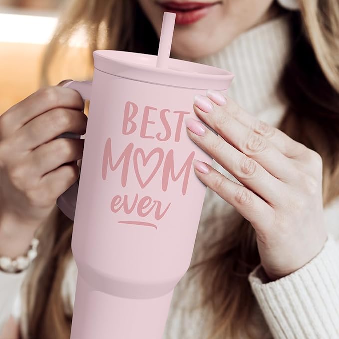SANDJEST Gift for Mom - Best Mom Stainless Steel Tumbler with Handle, Travel Coffee Mug for Moms - Gifts for Birthday Christmas Mothers Day, 40oz