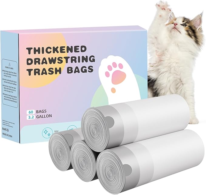 Self Cleaning Cat Litter Box, Drawstring Cat Litter Box Liners, Pet Waste Bags-4 Rolls, 20”x 18”, 60 Counts for Automatic Litter Box - Pink