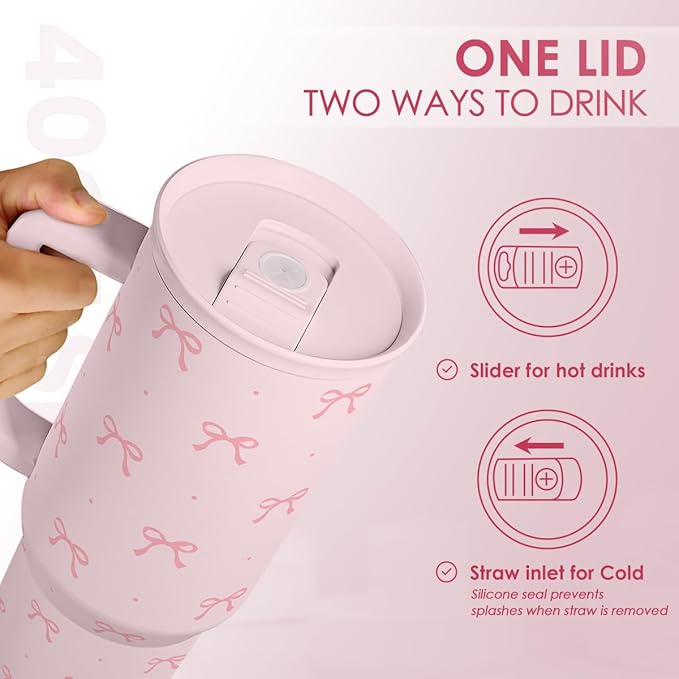 SANDJEST Gift for Women Girls - Coquette Bow Stainless Steel Tumbler with Handle, Travel Coffee Mug - Gifts for Birthday Christmas, 40oz