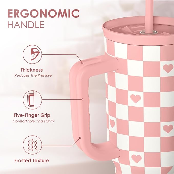 SANDJEST 40oz Checkered and Heart Tumbler with Handle and Straw - Insulated Stainless Steel Travel Coffee Mug for Women Girls, Gift for Birthday, Christmas
