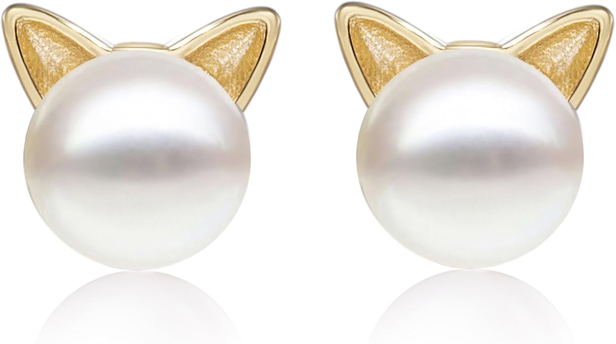 S.Leaf Cat Earrings Pearl Earrings Sterling Silver Earrings for Women Cat Memorial Gifts Cat Gifts for Cat Lovers Cat Jewelry for Women