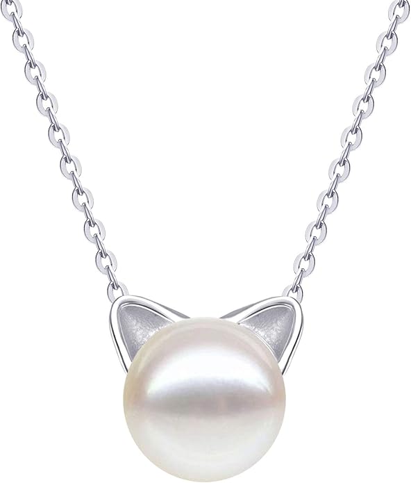 S.Leaf Cat Pearl Necklaces For Women Sterling Silver Cat Lovers Lady Gifts Pearl Opal Jewelry Pendant Collarbone Charm Necklace Best Friend Birthday Gifts for Women Trendy Sister Mom Wife Womens Her Friend Party