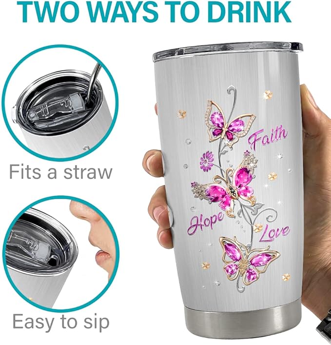 SANDJEST Butterfly Tumbler Jewelry Style 20oz Tumblers with Lid Gift for Women Girl Daughter Sister Mom Christmas Birthday Religious Gifts Birthday Presents
