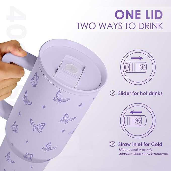 SANDJEST Butterfly Gifts for Women, Butterfly Tumbler with Handle, Stainless Steel Insulated Coffee Travel Mug Cup, Gifts for Women Girls on Birthday Christmas, 40oz