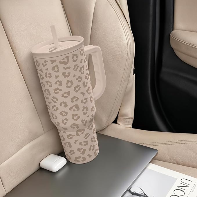 SANDJEST Leopard Tumbler with Handle, Insulated Cup Stainless Steel Travel Mug Cup, Gifts for Women Girl on Birthday Christmas, Tan Leopard, 40oz