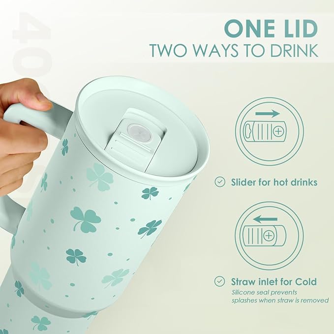 SANDJEST 40oz Shamrock Tumbler with Handle and Straw - Insulated Stainless Steel Coffee Travel Mug, Christmas St. Patrick's Day Irish Gifts