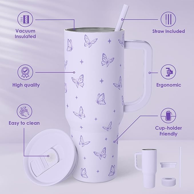 SANDJEST Butterfly Gifts for Women, Butterfly Tumbler with Handle, Stainless Steel Insulated Coffee Travel Mug Cup, Gifts for Women Girls on Birthday Christmas, 40oz