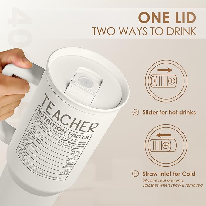 SANDJEST Teacher Appreciation Gift – 40oz Stainless Steel Insulated Tumbler with Handle and Straw - Teacher Nutrition Facts Travel Coffee Mug Cup for Women Back to School Birthday Christmas