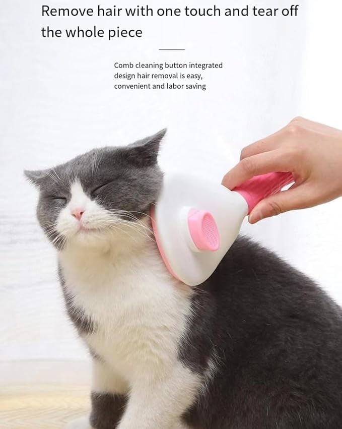 Self cleaning sliding brush, cat comb pet massage tool for all long or short pets, hair cleaner, removing tangled and loose hair, cat brush with release button (Blue)