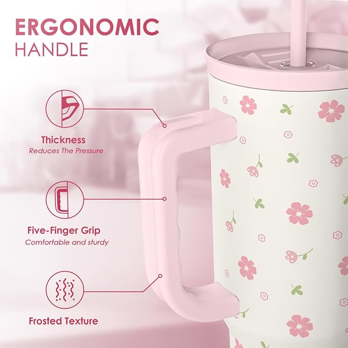 SANDJEST Floral 40oz Tumbler with Handle and Straw – Flowers Insulated Stainless Steel Travel Coffee Mug for Women Girls - Gift Idea for Birthday Christmas Mothers Day
