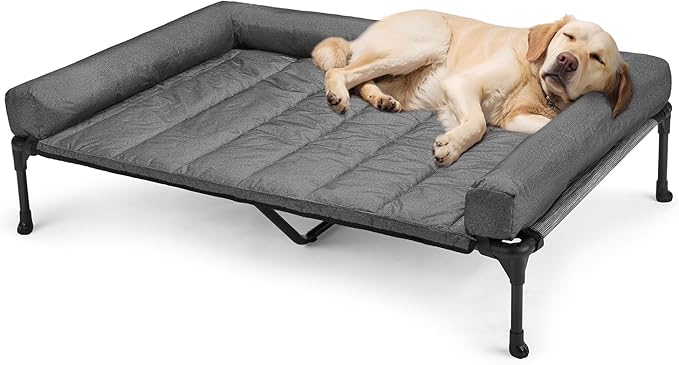 Veehoo Cooling Elevated Dog Bed Add Removable Waterproof Bolster Cushion Mat, Raised Pet Cot with Breathable Teslin Mesh, No-Slip Feet, Dog Sofa Bed for Indoor Outdoor, XLarge, Black Silver