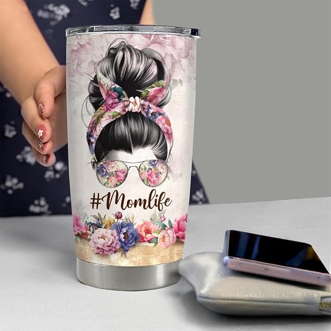 SANDJEST Mom Tumbler 20oz Stainless Steel Insulated Tumblers Coffee Travel Mug Mother Cup Gift for Best Moms Mother Mama Mommy Gifts from Daughter Son for Birthday Christmas