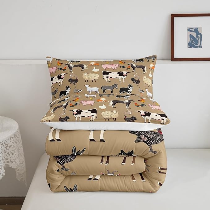 Rustic Farmhouse Bedding Comforter Sets for Kids King Bedding Set Cute Farm Aniamls Comforter Set for Boys Girls Youth Adults,Funny Horse Sheep Milk Cow Duvet Insert Cartoon Animal Themed Quilt