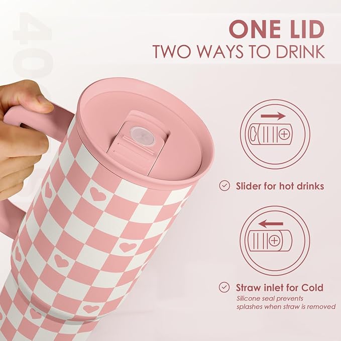 SANDJEST 40oz Checkered and Heart Tumbler with Handle and Straw - Insulated Stainless Steel Travel Coffee Mug for Women Girls, Gift for Birthday, Christmas