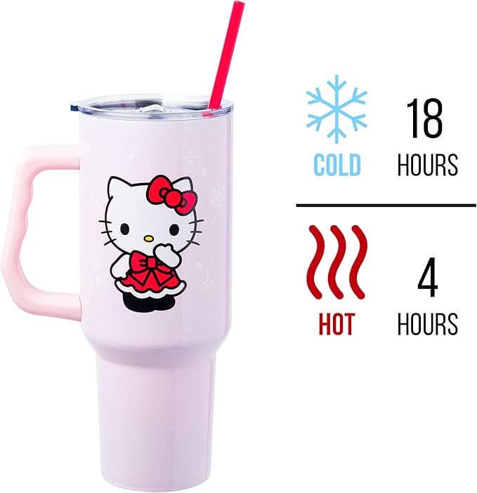 Silver Buffalo Sanrio Hello Kitty Christmas Holiday Dress and Matching Bow Snowflakes Stainless Steel Tumbler with Handle and Straw, Fits in Standard Cup Holder, 40 Ounces