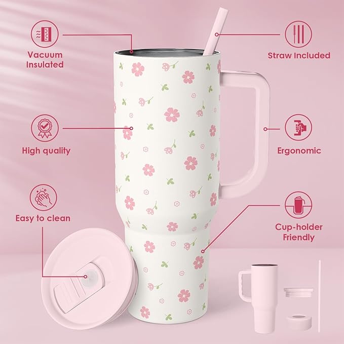 SANDJEST Floral 40oz Tumbler with Handle and Straw – Flowers Insulated Stainless Steel Travel Coffee Mug for Women Girls - Gift Idea for Birthday Christmas Mothers Day