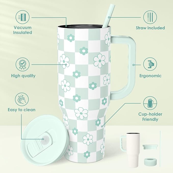 SANDJEST 40oz Daisy Flower Tumbler with Handle and Straw - Insulated Stainless Steel Coffee Travel Mug for Women Girls, Floral Gift Idea for Birthday Christmas