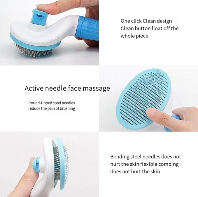 Self cleaning sliding brush, cat comb pet massage tool for all long or short pets, hair cleaner, removing tangled and loose hair, cat brush with release button (Blue)