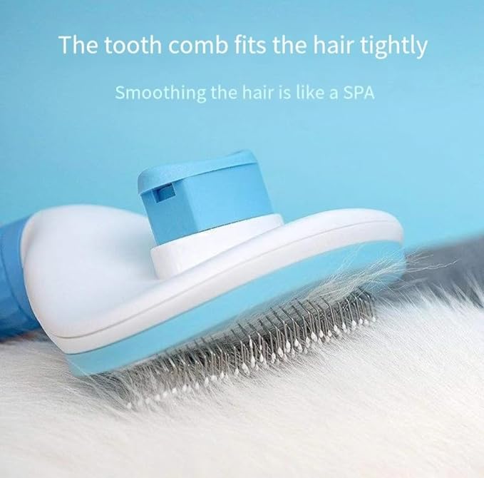 Self cleaning sliding brush, cat comb pet massage tool for all long or short pets, hair cleaner, removing tangled and loose hair, cat brush with release button (Blue)