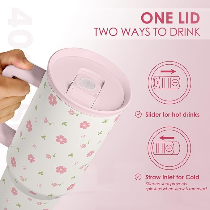 SANDJEST Floral 40oz Tumbler with Handle and Straw – Flowers Insulated Stainless Steel Travel Coffee Mug for Women Girls - Gift Idea for Birthday Christmas Mothers Day