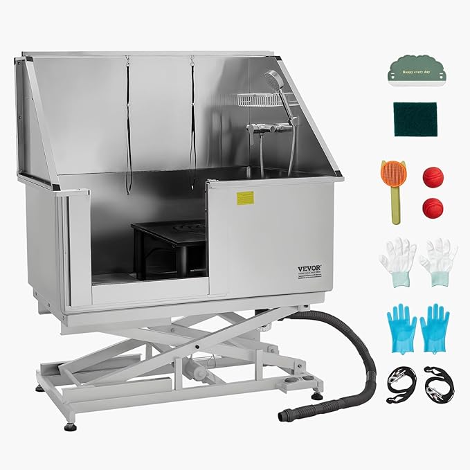 VEVOR Electric Lift Dog Washing Station, 50 inch Professional Stainless Steel Pet Grooming Tub w/PE Water Filter Board, Faucet & Showerhead Dog Bathtub Washing Sink for Multiple Pets (Left Door)