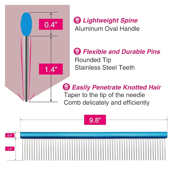 Greyhound Comb with Oval Handle for Dogs and Cats, Removing and Shedding Matted, Tangled Hair, Metal Comb with Stainless Steel Pins, Detangling Grooming Tool (9.8" Blue-20% fine pins)