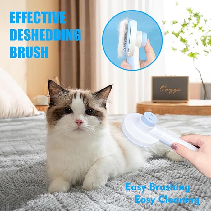 Grooming Brush Kit - 5pcs for Shedding & Matted Fur, Self-Cleaning with Flea Comb for Indoor Long-Haired Cats, Blue