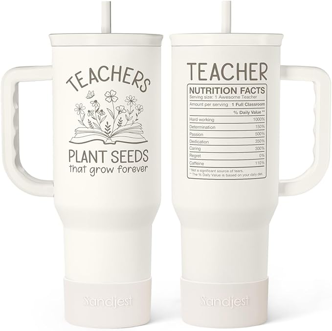 SANDJEST Teacher Appreciation Gift – 40oz Stainless Steel Insulated Tumbler with Handle and Straw - Teacher Nutrition Facts Travel Coffee Mug Cup for Women Back to School Birthday Christmas