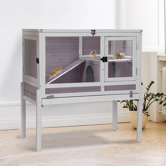 Guinea Pig Cage Indoor with Wheels Rabbit Hutch with Removable Proof Tray and Cool Zinc Plate Chew-Resistant Metal Frame Hamster Cage with Elevated Legs 36.6" L(Grey)