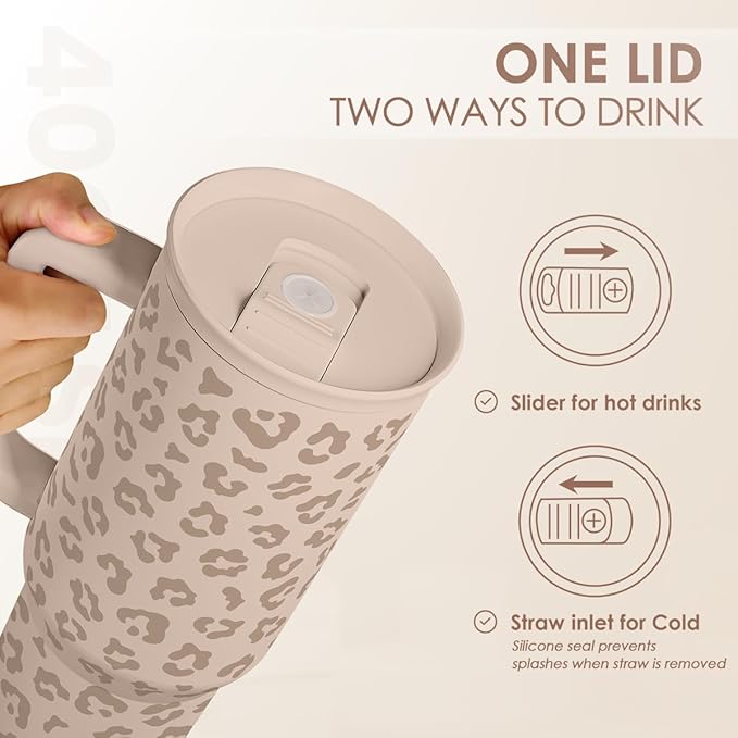 SANDJEST Leopard Tumbler with Handle, Insulated Cup Stainless Steel Travel Mug Cup, Gifts for Women Girl on Birthday Christmas, Tan Leopard, 40oz
