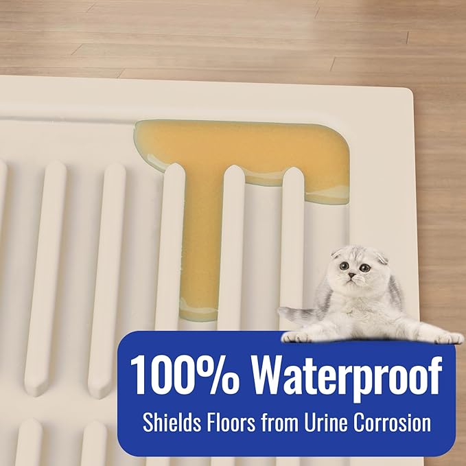 Rubber Litter Box Mat: Easy Clean Cat Litter Trapping Mat - Ivory White Kitty Litter Catcher Mat for Indoor Cats - Cute Litter Tracking Mat Beige (24” x 15”)