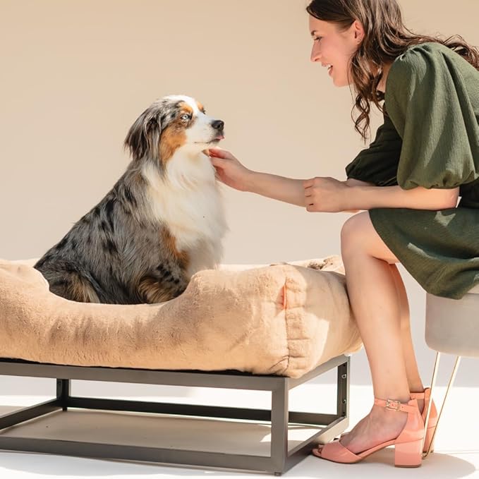 FUZI Luxury Aesthetic Dog Bed with Extra Cover for Medium Dogs, Washable Pet Couch, Pet Bed with Sides, Non-Slip Bottom, Soft & Durable Calming Bed, Faux Rabbit Fur, Medium 31.75x23.6x9.5 Light Brown