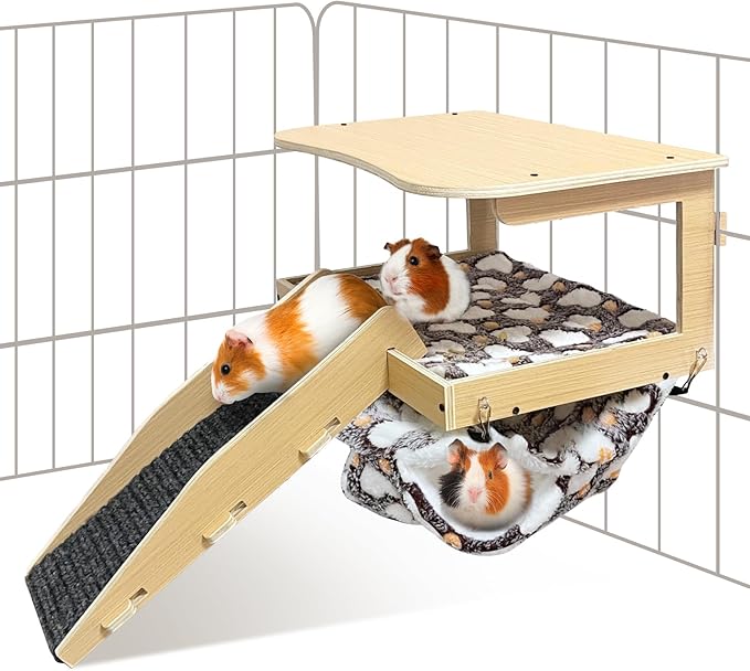 Guinea Pig Hideout,Natural Wood Removable Guinea Pig Bed, Small Animal Habitat with Hanging Hammock/Staircase/Cushion, Suitable for Small Animals to Hide, Rest, Play