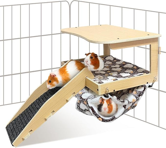 Guinea Pig Hideout,Natural Wood Removable Guinea Pig Bed, Small Animal Habitat with Hanging Hammock/Staircase/Cushion, Suitable for Small Animals to Hide, Rest, Play