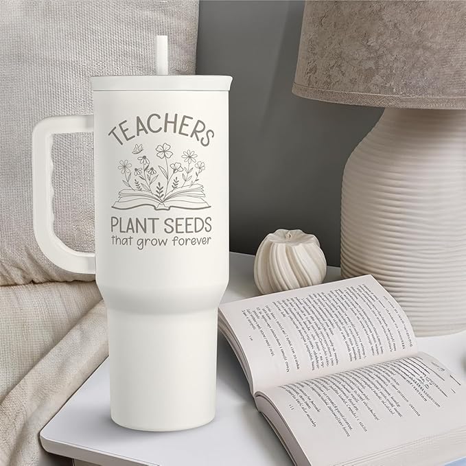 SANDJEST Teacher Appreciation Gift – 40oz Stainless Steel Insulated Tumbler with Handle and Straw - Teacher Nutrition Facts Travel Coffee Mug Cup for Women Back to School Birthday Christmas