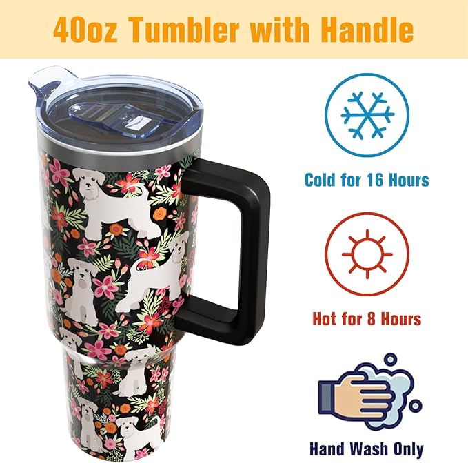 Schnauzer Gifts for Women Dog Lovers 40 oz Floral Schnauzer Tumblers with Handle and Straw, Stainless Steel Vacuum Insulated Travel Coffee Mug Cup Water Bottle